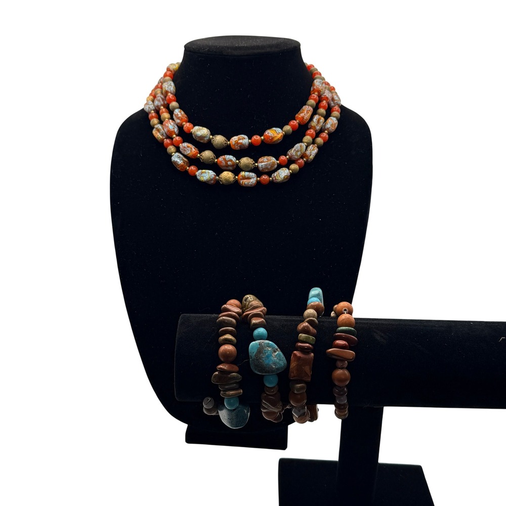 Boho 3 Strand Orange Lampwork Glass Bead Statement Necklace Brass Tone